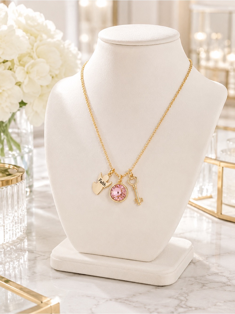 Charming Inspirations Gold Tone Pink Crystal Angel Faith Key Charm Necklace NWT